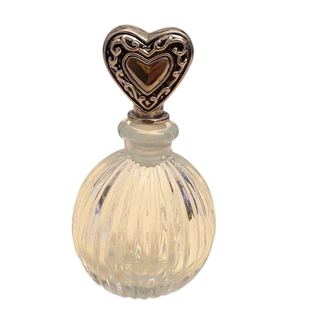 Vintage 4" Tall Silver Plate Heart Stopper Fluted Glass Perfume Bottle